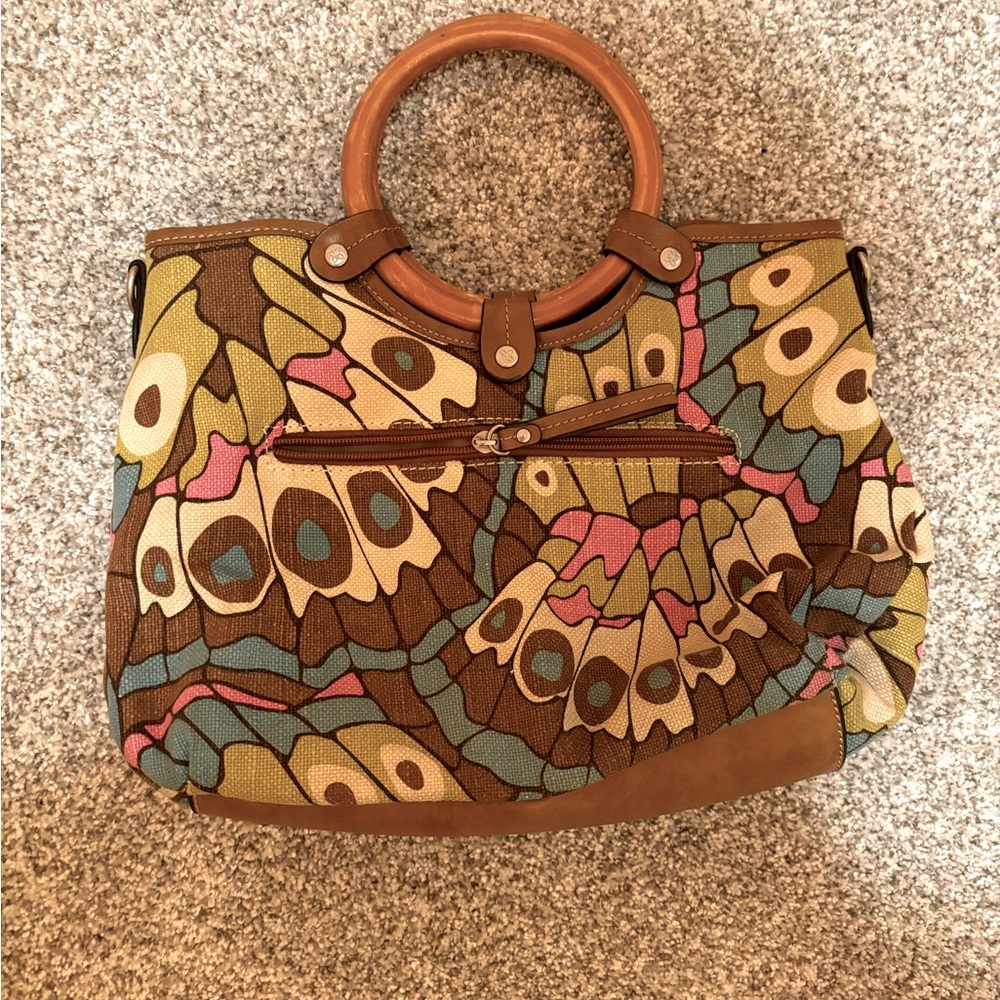Relic Canvas handbag.  Butterfly Wings print with Wooden Ring Handle.